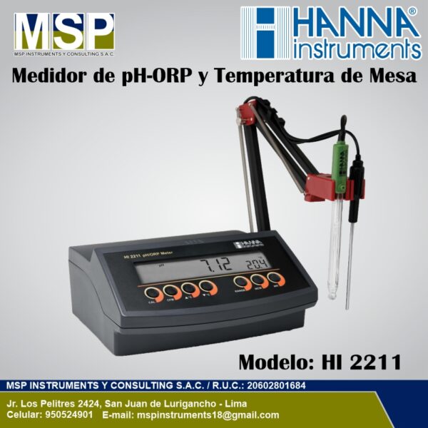 Medidor de pH ORP y Temperatura de Mesa Hanna Instruments HI 2211 Medidor de pH, ORP y temperatura de mesa Hanna Instruments modelo HI 2211.
