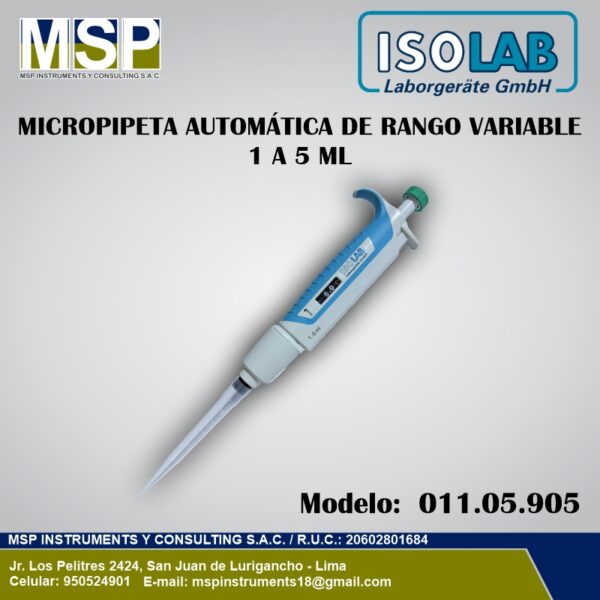 Micropipeta automática de rango variable de 1 a 5 mL ISOLAB modelo 011.05.905.
