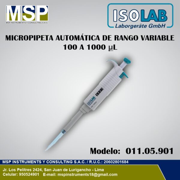 Micropipeta automática de rango variable de 100 a 1000 µL ISOLAB modelo 011.05.901.