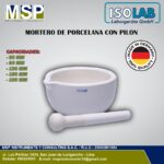Mortero de porcelana con pilón para laboratorio marca ISOLAB.