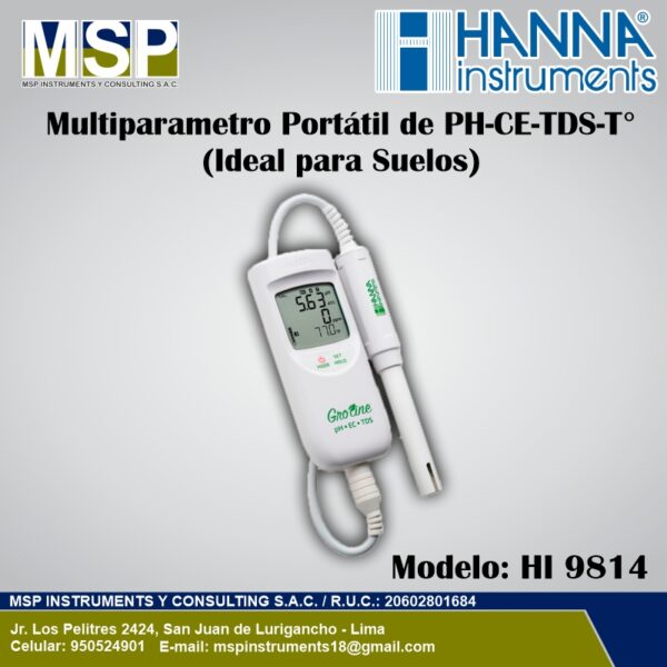 Medidor multiparámetro portátil GroLine para suelos marca Hanna Instruments modelo HI 9814 con sonda de pH, CE, TDS y temperatura