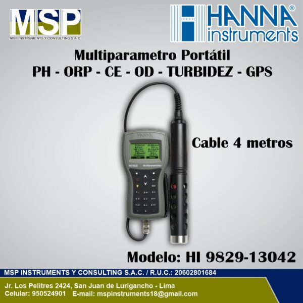Multiparámetro Portátil HI 9829-13042 HANNA Multiparámetro portátil Hanna Instruments HI 9289-13042 con cable de 4 metros medidor de pH, ORP, CE, OD, turbidez y GPS
