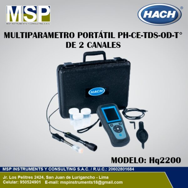Multiparametro Portatil Hach HQ2200 2 Canales pH CE TDS OD Medidor multiparámetro portátil Hach HQ2200 de 2 canales con maletín de transporte para análisis de agua