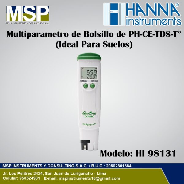 Medidor multiparámetro de bolsillo GroLine para pH, CE, TDS y temperatura marca Hanna Instruments modelo HI 98131