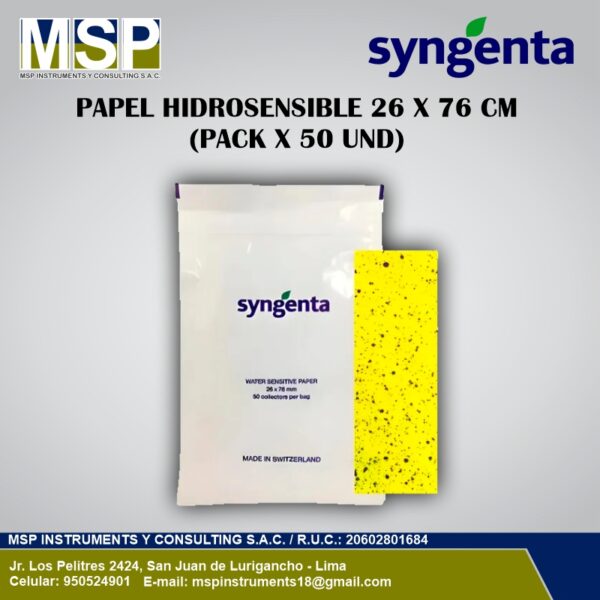 Papel hidrosensible Syngenta de 26 x 76 mm en empaque de 50 unidades.