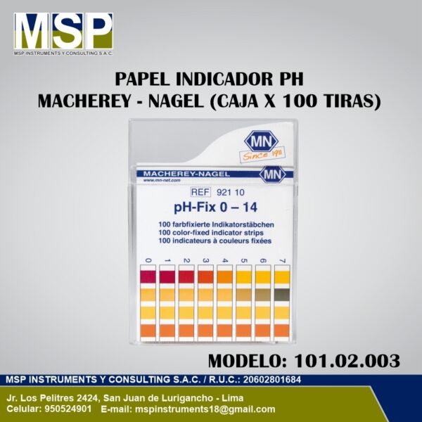 Papel Indicador de pH en Tiras 0-14 Caja x 100 und - MACHEREY-NAGEL Papel indicador de pH en tiras de 0 a 14 MACHEREY-NAGEL caja por 100 tiras modelo 101.02.003.