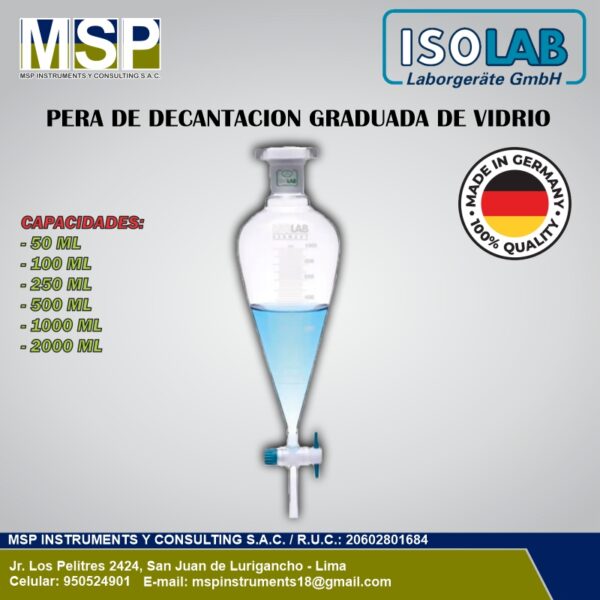 Pera de Decantación Graduada de Vidrio - ISOLAB Pera de decantación graduada de vidrio marca ISOLAB.