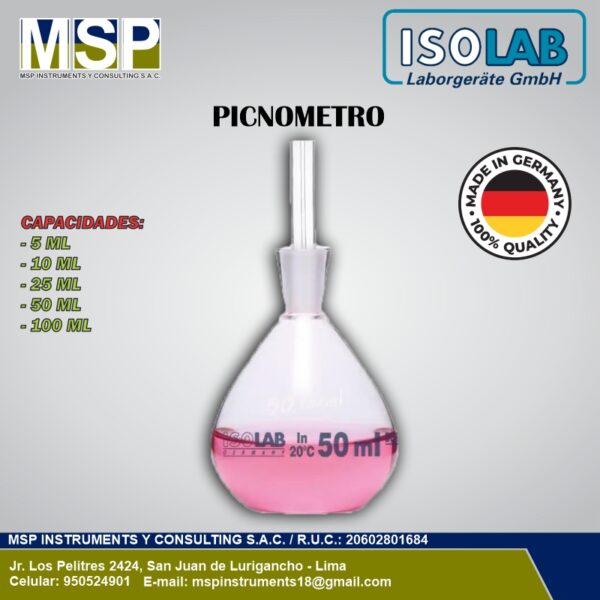 Picnometro de vidrio ISOLAB Picnómetro de vidrio ISOLAB de 50 ml con tapón capilar para densidad.