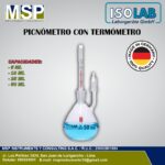 Picnómetro de vidrio con termómetro incorporado marca ISOLAB.