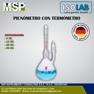 Picnómetro de vidrio con termómetro incorporado marca ISOLAB.