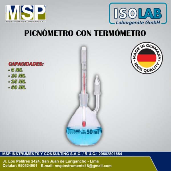 Picnómetro de vidrio con termómetro incorporado marca ISOLAB.