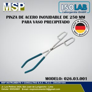 Pinza de acero inoxidable de 250 mm para vaso de precipitado ISOLAB modelo 026.03.001.