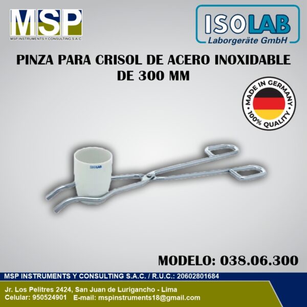 Pinza para crisol de acero inoxidable 300 mm ISOLAB Pinza para crisol de acero inoxidable de 300 mm ISOLAB modelo 038.06.300.