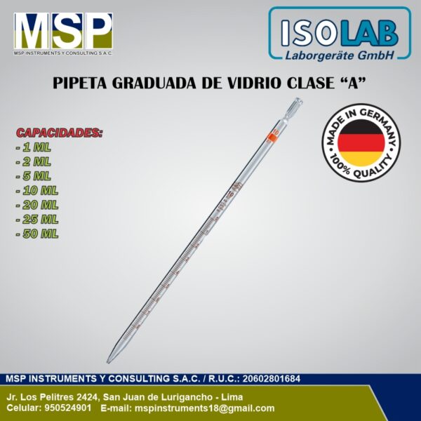 Pipeta graduada de vidrio clase A marca ISOLAB