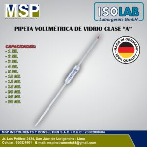 Pipeta volumétrica de vidrio clase A marca ISOLAB