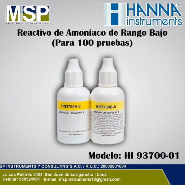 Frascos goteros de reactivo de amoníaco de rango bajo Hanna Instruments HI 93700-01 para 100 pruebas