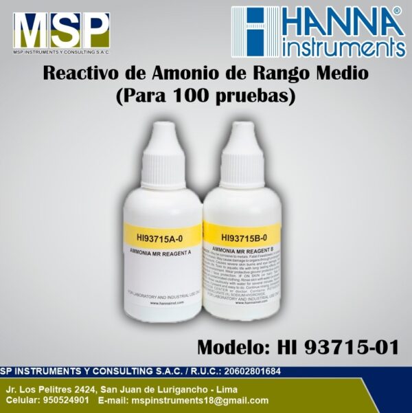 Frascos goteros de reactivo de amonio de rango medio Hanna Instruments HI 93715-01 para 100 pruebas