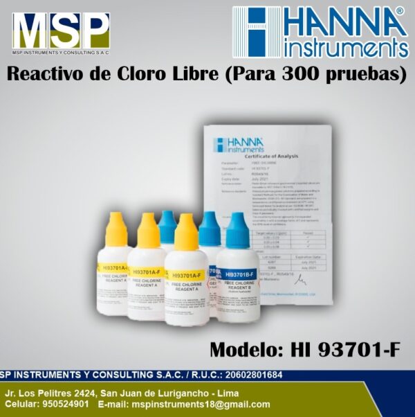 Kit de reactivos líquidos de cloro libre Hanna Instruments HI 93701-F con frascos goteros para 300 pruebas