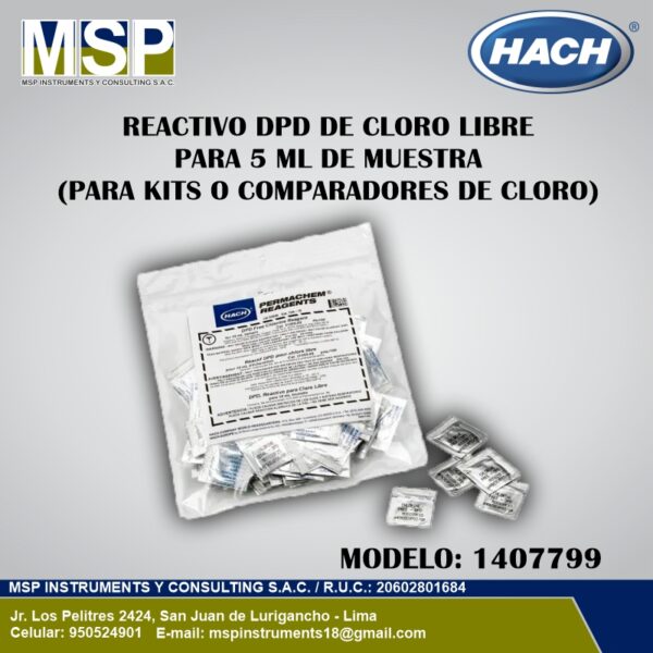 Reactivo DPD Cloro Libre Hach 1407799 5ml (100 und) Paquete de 100 sobres de reactivo DPD de cloro libre Hach modelo 1407799 para muestras de 5 ml