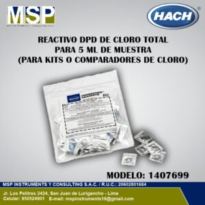 Paquete de 100 sobres de reactivo DPD de cloro total Hach modelo 1407699 para muestras de 5 ml