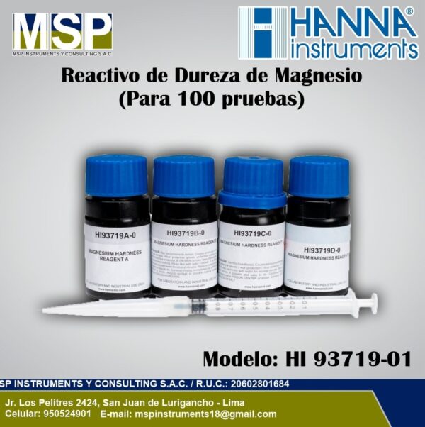 Reactivo de Dureza de Magnesio Hanna Instruments HI 93719-01 Kit de reactivo de dureza de magnesio Hanna Instruments HI 93719-01 con frascos y jeringa para 100 pruebas