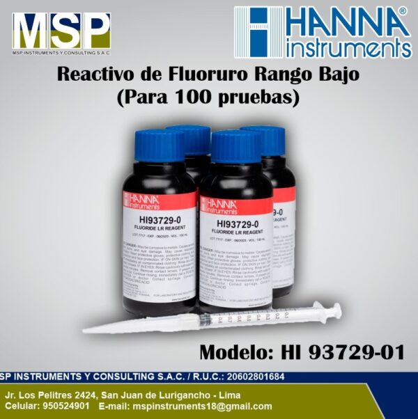Kit de reactivo de fluoruro de rango bajo Hanna Instruments HI 93729-01 con frascos y jeringa para 100 pruebas