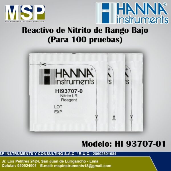 Sobres de reactivo de nitrito de rango bajo Hanna Instruments HI 93707-01 para 100 pruebas