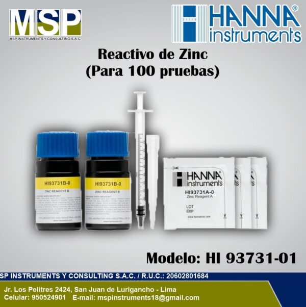 Reactivo de Zinc Hanna Instruments HI 93731-01 Kit de reactivo de zinc Hanna Instruments HI 93731-01 con frascos, jeringa y sobres para 100 pruebas.