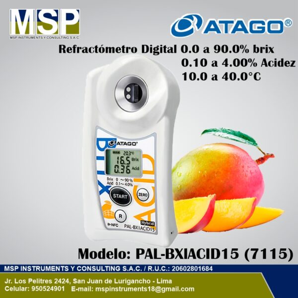 Refractómetro digital ATAGO PAL-BX ACID15 para medir grados Brix y acidez en mangos.