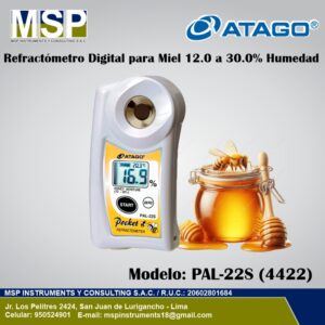 Refractómetro digital ATAGO PAL-22S para medir porcentaje de humedad en miel.