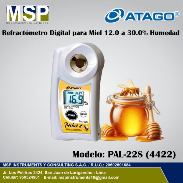 Refractometro-Digital-Miel-ATAGO-PAL-22S Refractómetro digital ATAGO PAL-22S para medir porcentaje de humedad en miel.