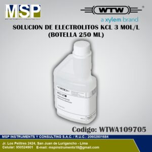 Solución de electrolitos KCL 3 mol/L WTW en botella de 250 ml para mantenimiento de electrodos.