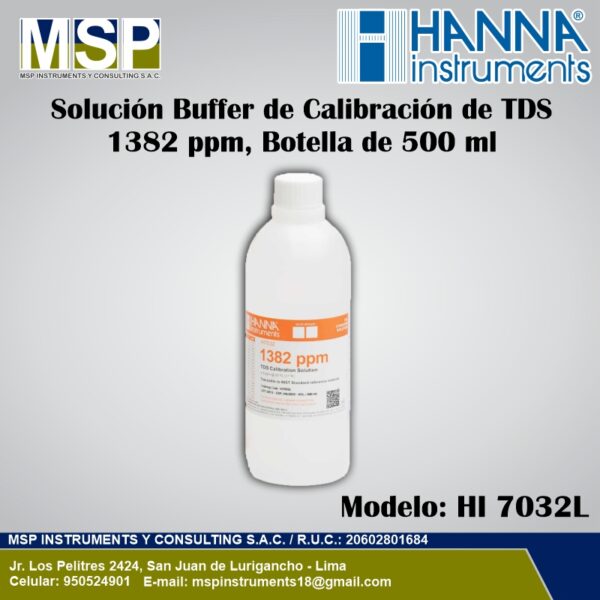 Solución Buffer de Calibración de TDS 1382 ppm HI 7032L HANNA Solución buffer de calibración de TDS 1382 ppm Hanna Instruments HI 7032L en botella de 500 ml