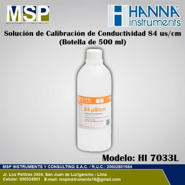 Solución de calibración de conductividad 84 uS/cm Hanna Instruments de 500 ml modelo HI 7033L.