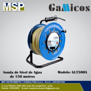 Sonda de nivel de agua Gamicos GLT500A de 150 metros en carrete azul.