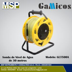 Sonda de nivel de agua Gamicos GLT500A de 30 metros en carrete amarillo.