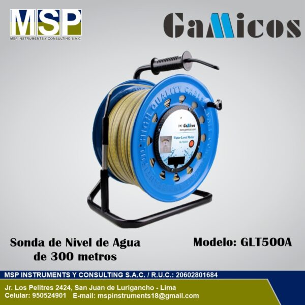 Sonda de Nivel de Agua 300m - Gamicos GLT500A Sonda de nivel de agua Gamicos GLT500A de 300 metros en carrete azul.