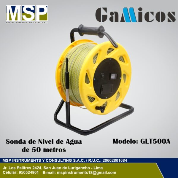 Sonda de Nivel de Agua 50m - Gamicos GLT500A Sonda de nivel de agua Gamicos GLT500A de 50 metros en carrete amarillo.