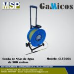 Sonda de nivel de agua Gamicos GLT500A de 500 metros en carrete azul con ruedas.