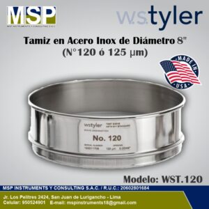 Tamiz de acero inoxidable WS Tyler de 8 pulgadas diámetro N° 120 o 125 micras.