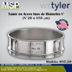 Tamiz de acero inoxidable WS Tyler de 8 pulgadas diámetro N° 20 o 850 micras.