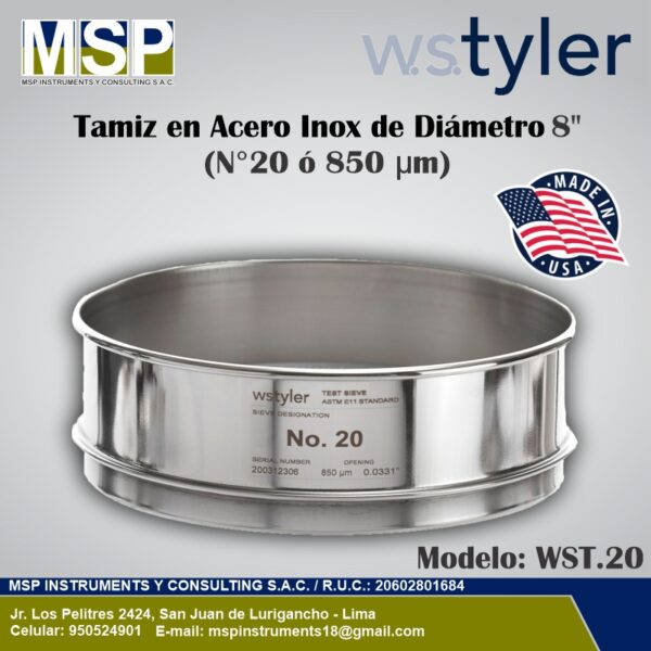 Tamiz de acero inoxidable WS Tyler de 8 pulgadas diámetro N° 20 o 850 micras.