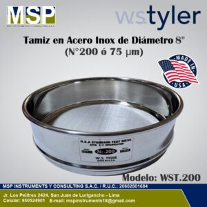 Tamiz de acero inoxidable WS Tyler de 8 pulgadas diámetro N° 200 o 75 micras.