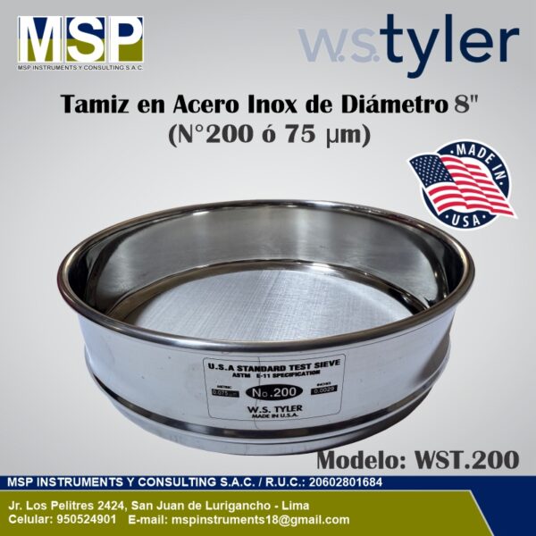 Tamiz Acero Inox Diámetro 8 Pulgadas N° 200 WS Tyler Tamiz de acero inoxidable WS Tyler de 8 pulgadas diámetro N° 200 o 75 micras.