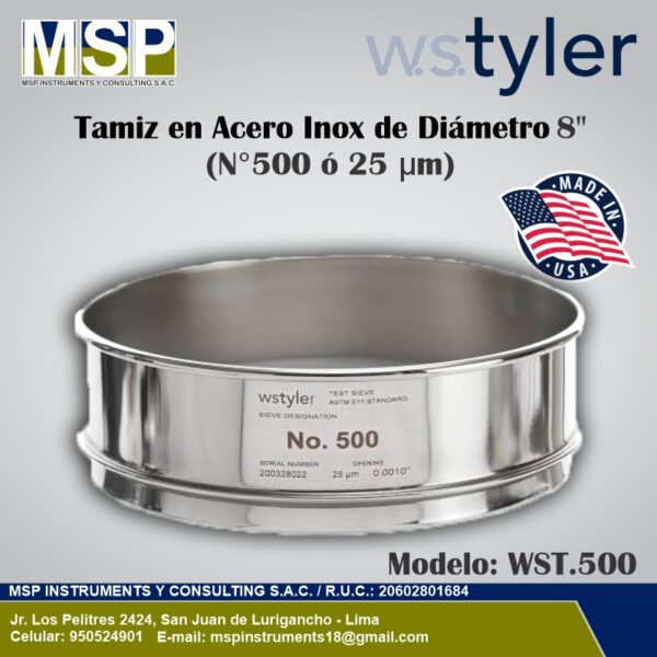Tamiz de acero inoxidable WS Tyler de 8 pulgadas diámetro N° 500 o 25 micras.
