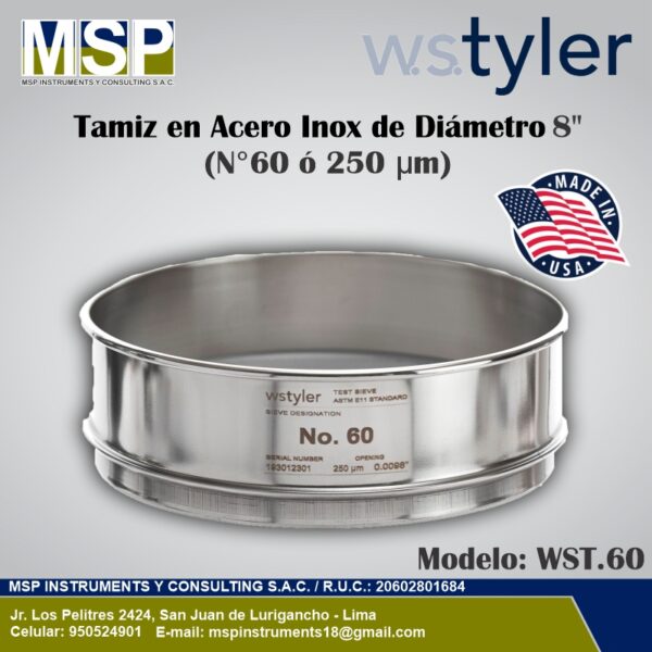 Tamiz de acero inoxidable WS Tyler de 8 pulgadas diámetro N° 60 o 250 micras.