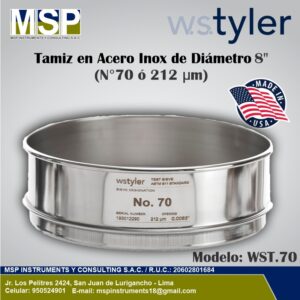 Tamiz de acero inoxidable WS Tyler de 8 pulgadas diámetro N° 70 o 212 micras.