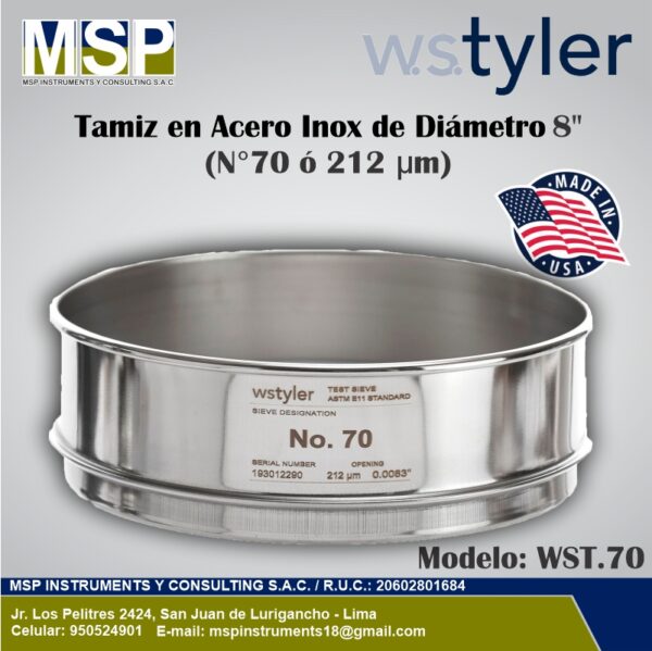 Tamiz Acero Inox Diámetro 8 Pulgadas N° 70 WS Tyler Tamiz de acero inoxidable WS Tyler de 8 pulgadas diámetro N° 70 o 212 micras.