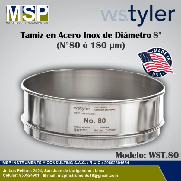 Tamiz de acero inoxidable WS Tyler de 8 pulgadas diámetro N° 80 o 180 micras.