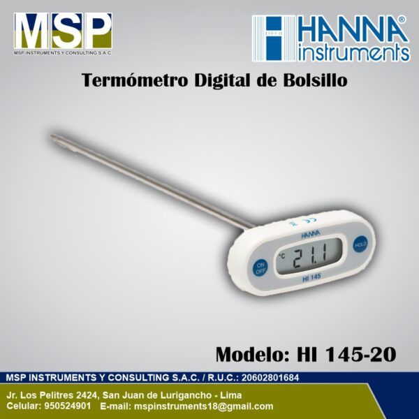 Termometro Digital T Hanna HI 145-20 Termómetro digital de bolsillo en forma de T Hanna Instruments con sonda de penetración modelo HI 145-20